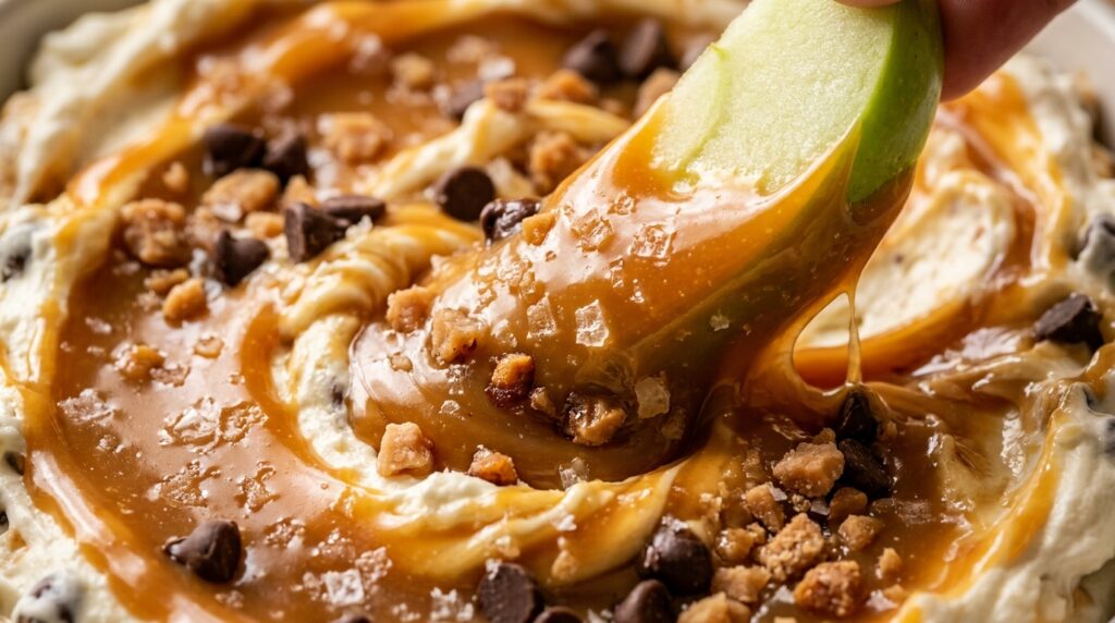 Ultra close-up macro of creamy salted caramel apple dip with tart green apple wedge dipping