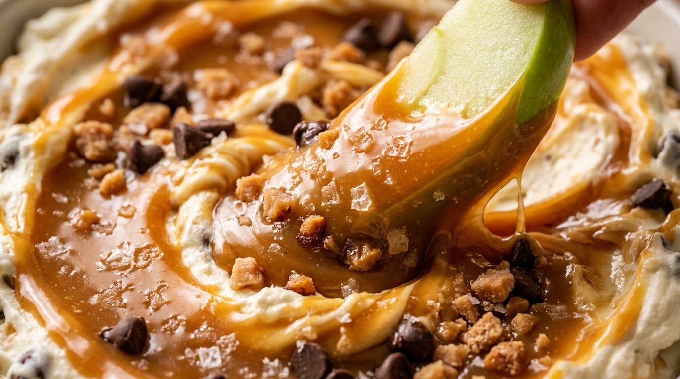 Ultra close-up macro of creamy salted caramel apple dip with tart green apple wedge dipping