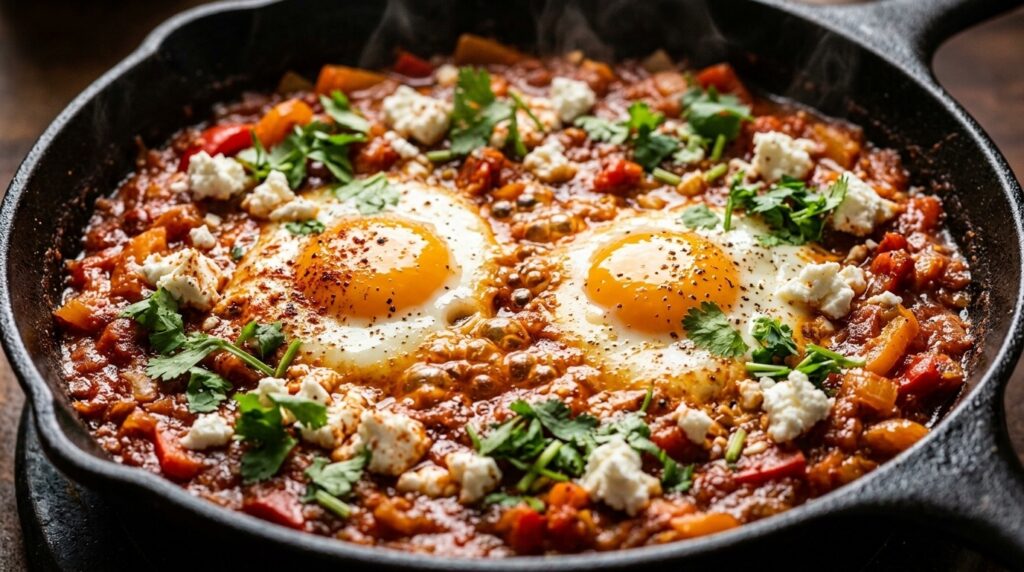 Ultra close-up macro of traditional Shakshuka showing poached eggs with runny yolks nestled in bubbling spiced tomato bell pepper sauce garnished with feta and parsley